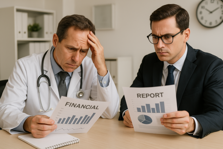 A doctor stressed over financial mistakes while negotiating the sale of his practice with a buyer