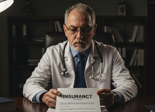 A single insurance contract lies on the doctor’s desk as he anxiously realizes that most of his revenue depends on it