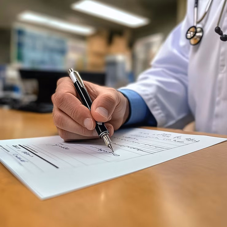 Doctor reviewing financial paperwork, preparing to sell their healthcare practice