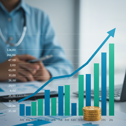  Financial graph showing the rising valuation of a healthcare practice before selling